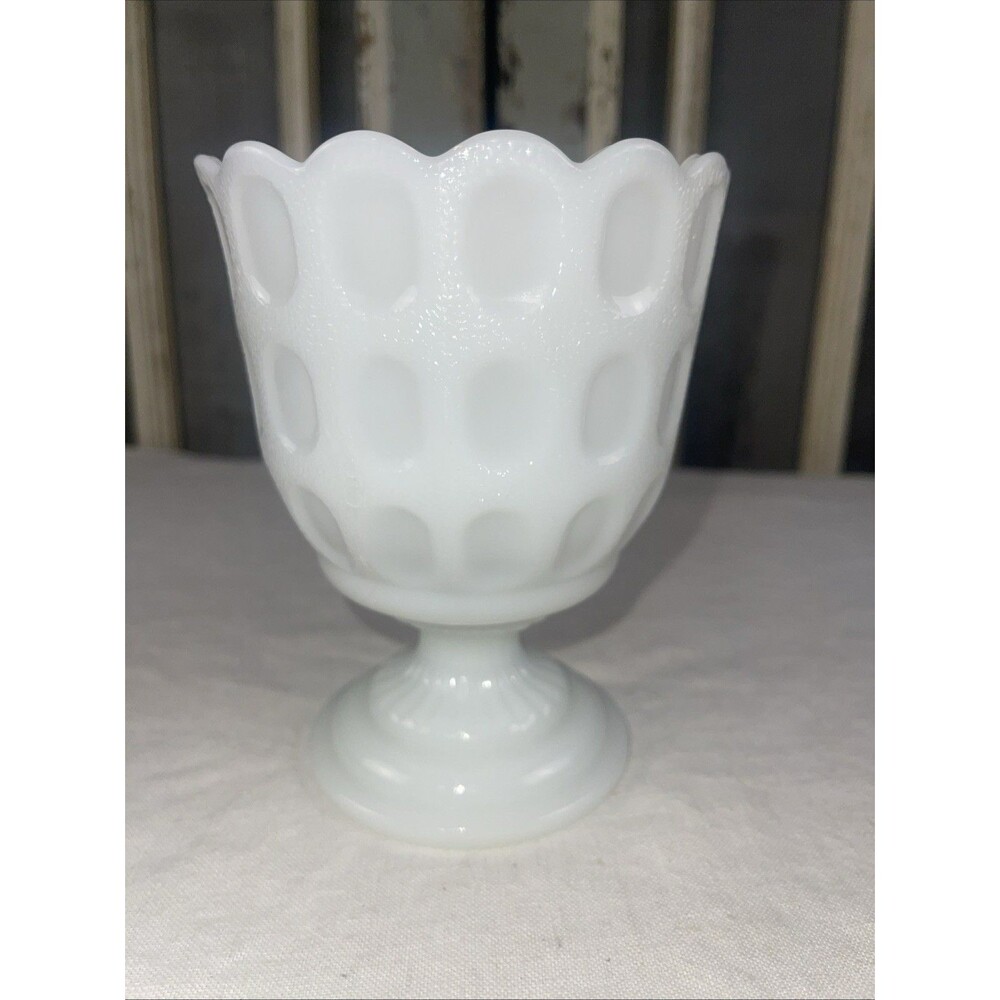 Vintage E.O. Brody Milk Glass Vase Planter Pedestal Thumbprint Scalloped M4200